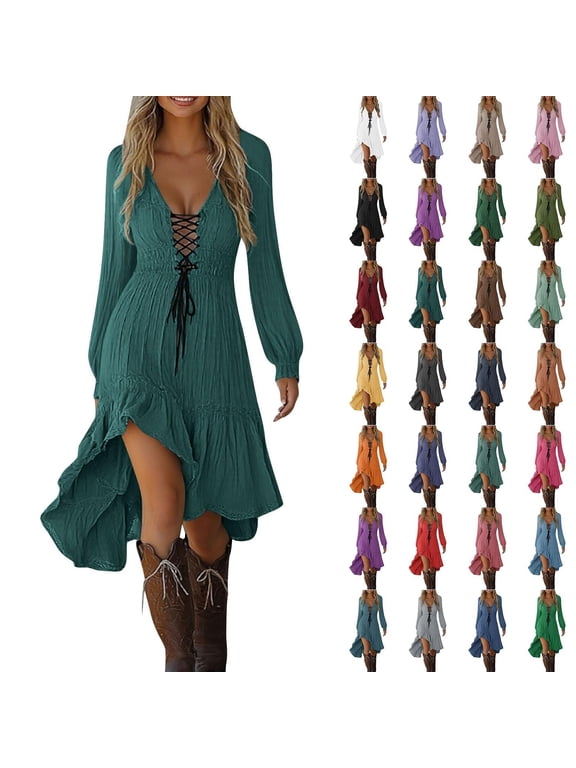 Flowy Halloween Dresses for Women Fashion V Neck Drawstring Midi Dresses Long Sleeve Gothic Dresses Ruched Irregular Hem Halloween Costumes