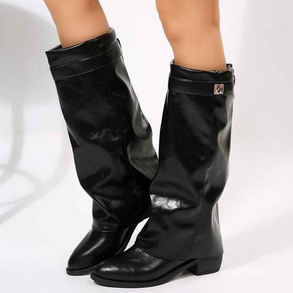 Kilaqueen Fold Over Boots Women Knee High Shark Boots Pointed Toe Wedge Heel Slouchy Tall Boot, Minimalist Street Style Faux Leather Dress Long Boot for Fall & Winter