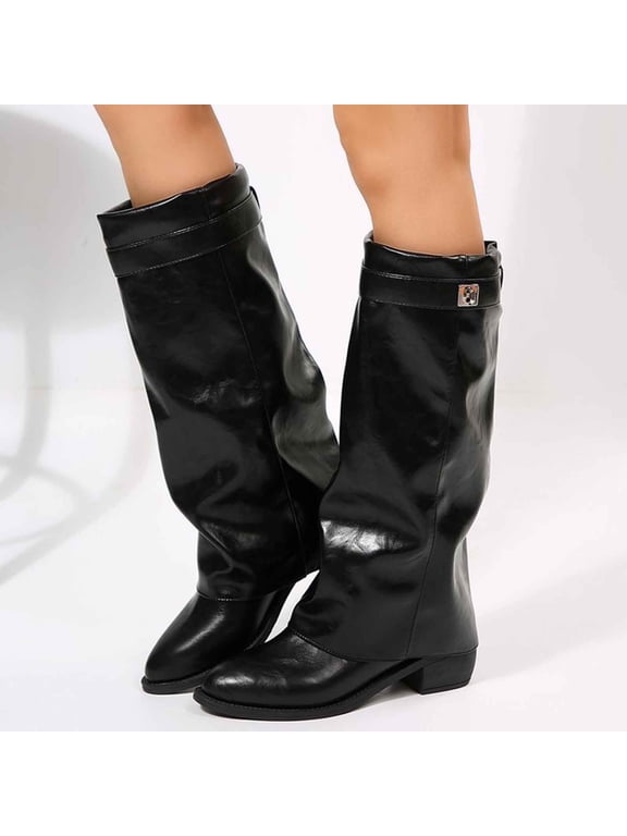 Fold Over Boots Women Knee High Shark Boots Pointed Toe Wedge Heel Slouchy Tall Boot, Minimalist Street Style Faux Leather Dress Long Boot for Fall & Winter