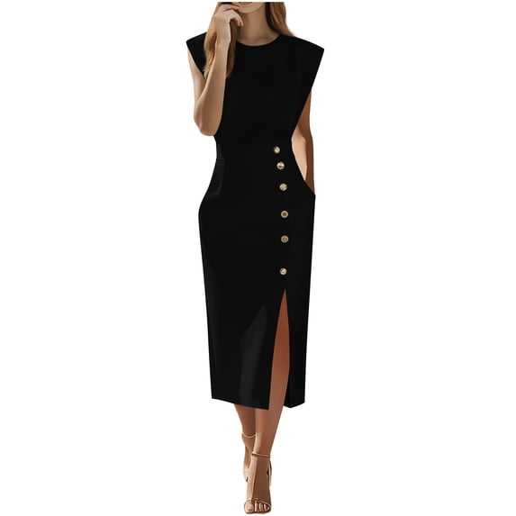 Kilaqueen Formal Dresses for Women Button up Sleeveless Crew Neck Side Slit Dress Solid Bodycon Office Dress Midi Pencil Dress