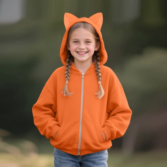 Kilaqueen Full Zip Up Hoodies for Kids Trendy Cute Cat Ear Hoodie Jackets Boys Girls Long Sleeve Casual Sports Plain Zipper Hooded Outwear Fall Outfits