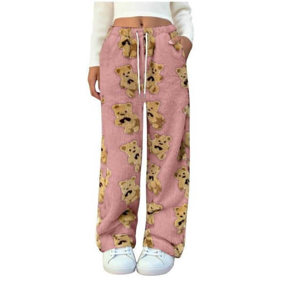 Kilaqueen Fuzzy Plush Pants for Women Cute Bear Graphic Drawstring Elastic Waist Fleece Long Pant Wide Leg Fall Winter Warm Pant for Indoor and Outdoor