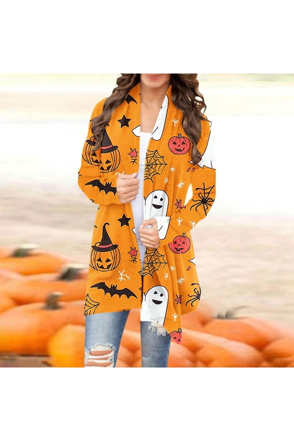 Ghost Pumpkin Pattern Halloween Cardigan for Women Classic Sweater Tops Stretchy Long Sleeve Oversized Cardigan Fall Outwear Over Coats