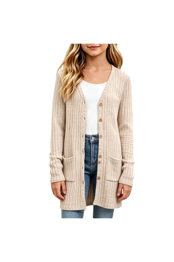 Girl's Long Open Front Cardigan Sweater, Ribbed Knit Long Sleeve Duster with Pockets, Lightweight Casual Layering Top for Fall
