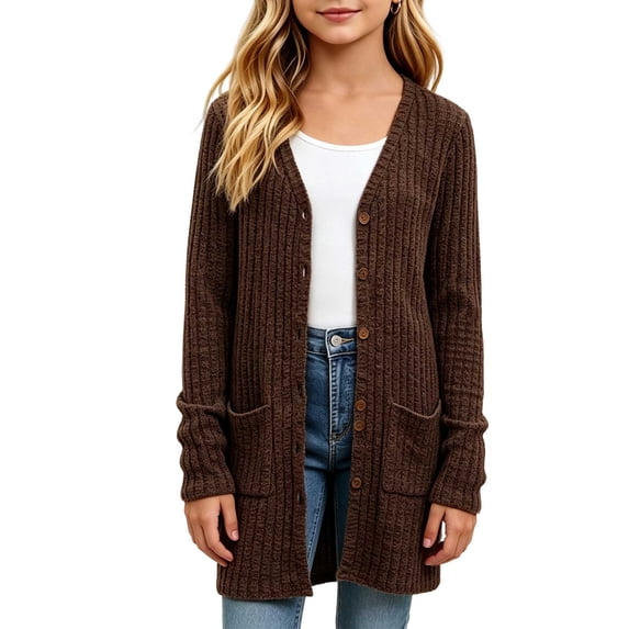 Kilaqueen Girl's Long Open Front Cardigan Sweater, Ribbed Knit Long Sleeve Duster with Pockets, Lightweight Casual Layering Top for Fall