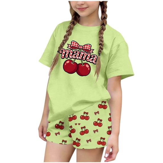 Kilaqueen Girls 2 Piece Outfits Summer Short Sleeve Bow Cherry Print Tops and Leopard Shorts Sets Tracksuits Sports Suits