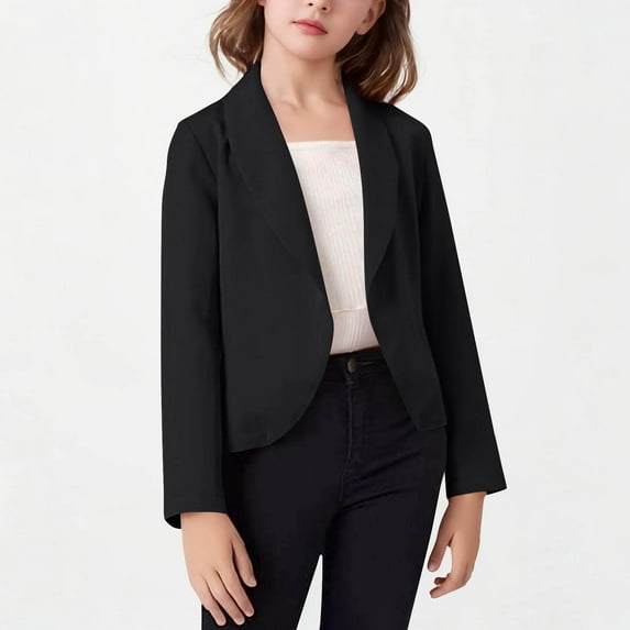 Kilaqueen Girls Blazer Jacket Solid Color Lapel Suit Coat Lightweight Dressy Casual Open Front Long Sleeve Blazers Size 5-14 Years