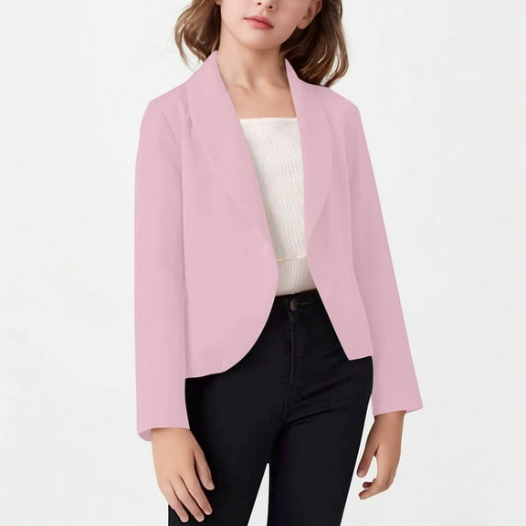 Kilaqueen Girls Blazer Jacket Solid Color Lapel Suit Coat Lightweight Dressy Casual Open Front Long Sleeve Blazers Size 5-14 Years
