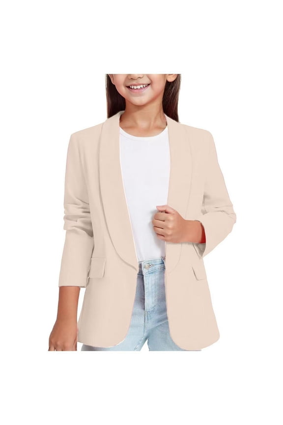 Girls Blazer Open Front Solid Color Slim Fit Long Sleeve Suit Jacket Casual School Uniform Jackets 3-14Y