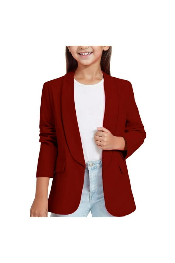 Girls Blazer Open Front Solid Color Slim Fit Long Sleeve Suit Jacket Casual School Uniform Jackets 3-14Y