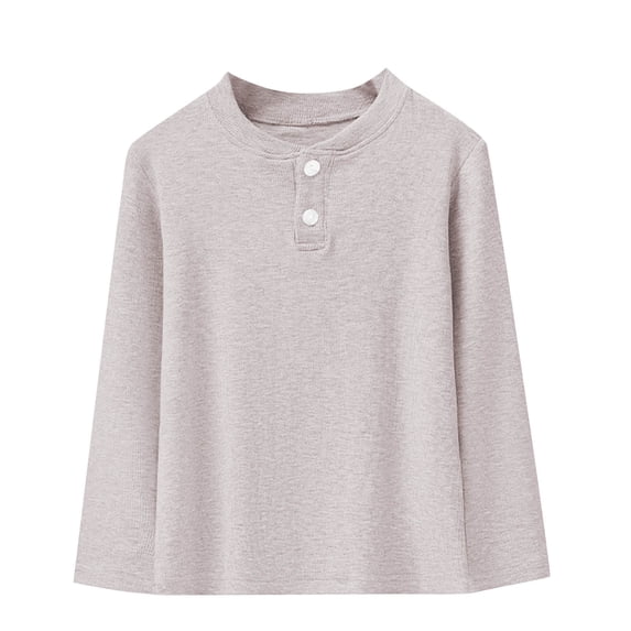 Kilaqueen Girls Boys Long Sleeve Shirt with 2 Button Crew Neck Solid Color Polo Shirt Without Collar Casual 2025 Fall Winter Base Layer Tops