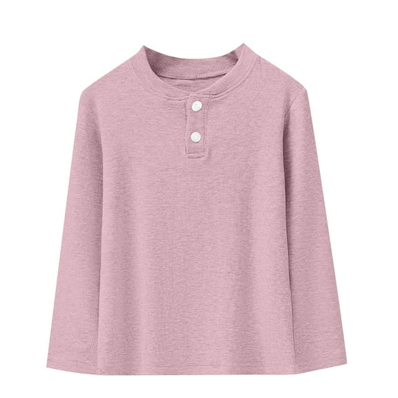 Kilaqueen Girls Boys Long Sleeve Shirt with 2 Button Crew Neck Solid Color Polo Shirt Without Collar Casual 2025 Fall Winter Base Layer Tops