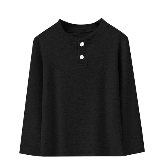 Kilaqueen Girls Boys Long Sleeve Shirt with 2 Button Crew Neck Solid Color Polo Shirt Without Collar Casual 2025 Fall Winter Base Layer Tops