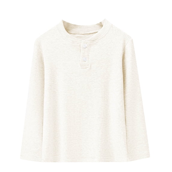 Kilaqueen Girls Boys Long Sleeve Shirt with 2 Button Crew Neck Solid Color Polo Shirt Without Collar Casual 2025 Fall Winter Base Layer Tops