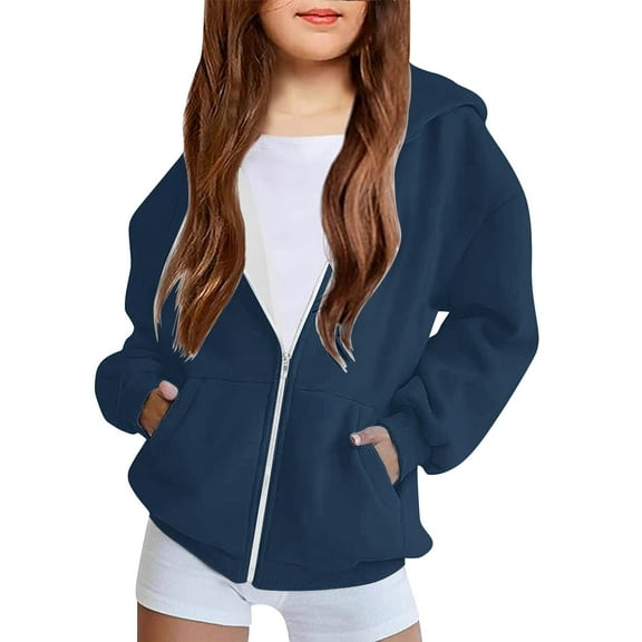 Kilaqueen Girls/Boys Zip Up Hoodies Trendy Youth Teen Y2K Fleece Lined Full-Zip Hooded Sweatshirts Jacket Preppy Clothes Spring Fall Casual Oversized Hoodies with Pockets