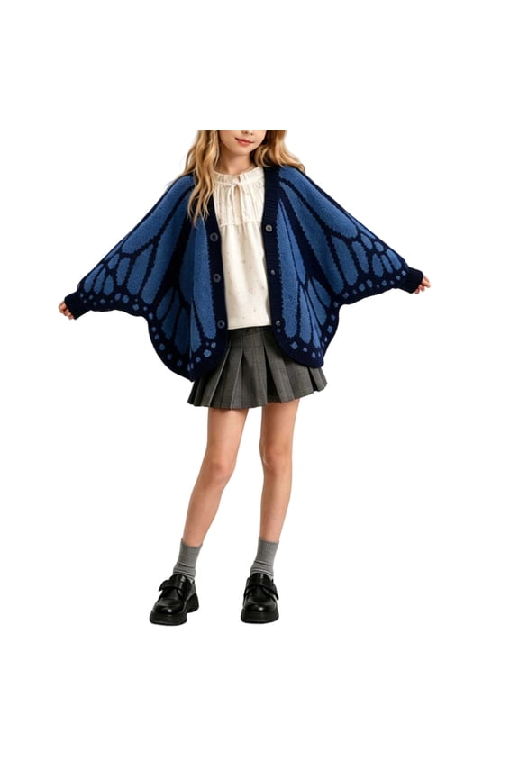 Girls Butterfly Cardigan Cape, Colorful Wing Pattern Knit Poncho with Open Front and Scalloped Hem for Costumes, Parties and Dress Outfits