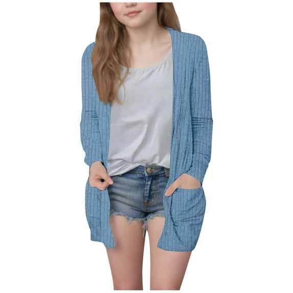 Kilaqueen Girls Cardigans Open Front Long Sleeve Lightweight Knit Sweaters Outerwear with Pockets Casual Comfy Trendy Cardigans 5-14Y