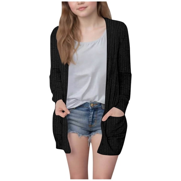 Kilaqueen Girls Cardigans Open Front Long Sleeve Lightweight Knit Sweaters Outerwear with Pockets Casual Comfy Trendy Cardigans 5-14Y