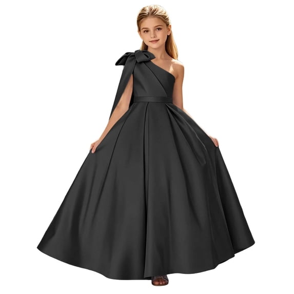 Kilaqueen Girls One Shoulder A-Line Ball Gown with Bow Detail, Floor Length Princess Dress for Weddings, Flower Girls, Birthdays and Formal Events