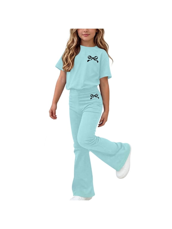 Girls Outfits Summer Short Sleeve T Shirt Flared Pants Sets Cute Bow Printed Casual Vacation Clothes Size 5-15T