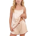 thumbnail image 1 of Kilaqueen Girls Satin 2 Piece Outfits Silk Cami Tops and Shorts Sets Summer Sleeveless Tracksuits Lounge Pajama Set Sleepwear, 1 of 7