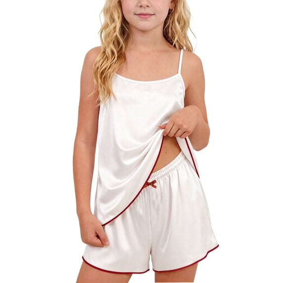 Kilaqueen Girls Satin 2 Piece Outfits Silk Cami Tops and Shorts Sets Summer Sleeveless Tracksuits Lounge Pajama Set Sleepwear