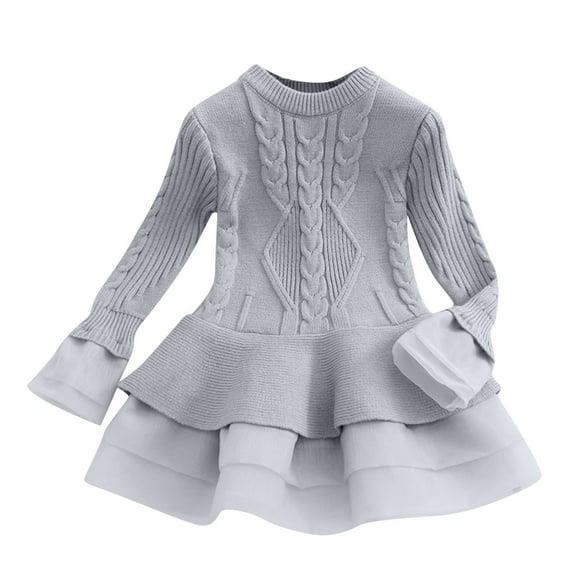 Kilaqueen Girls Sweater Dress Crew Neck Long-Sleeve Ribbed Knit Mesh Dress Tiered Kids Swing Holiday Clothes Fall Winter