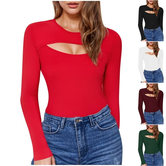Kilaqueen Going Out Tops for Women Long Sleeve Cut Out Front Slim Fitted Sexy Casual Tops Trendy Fashion Solid Color Y2K Basic Tee