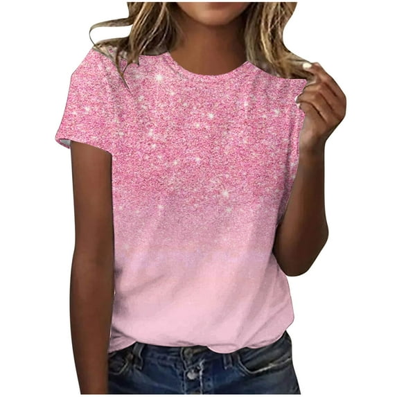 Kilaqueen Going Out Tops for Women Sparkly Short Sleeve Crew Neck Trendy Pullover Tops Casual Party Evening Glitter Tee