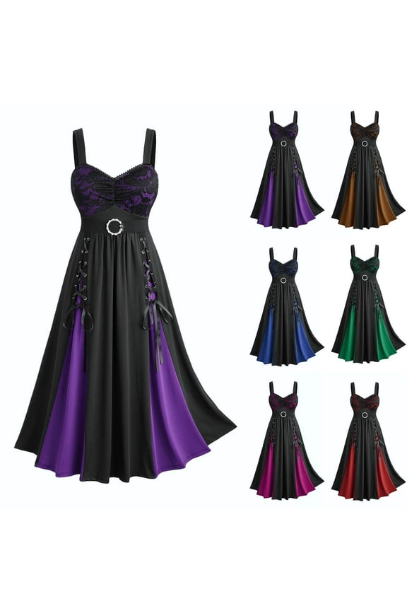 Goth Dress for Women Fashion Vintage Color Block Sleeveless Renaissance Dress Wide Strap Lace V Neck Bandage Dresses Medieval Steampunk Dresses