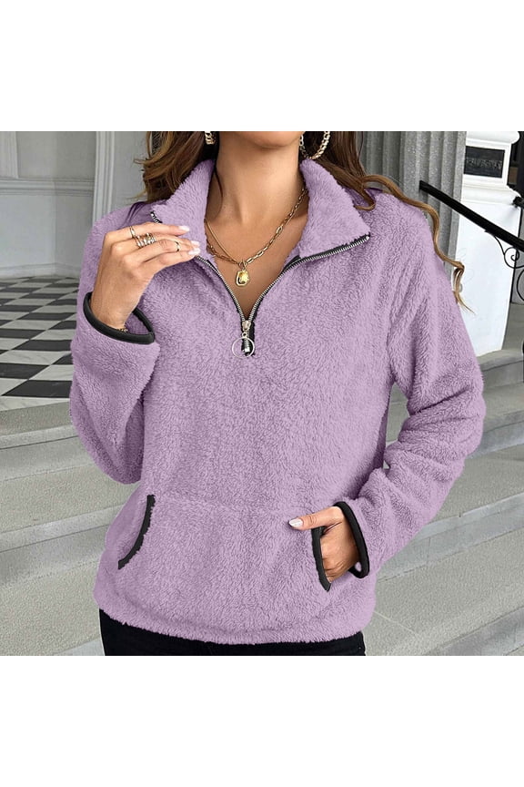 Half Zip Sherpa Sweatshirts Women Soft Fluffy Fleece Long Sleeve Casual Pullover Fall Winter Warm Outwear Coat with Pockets