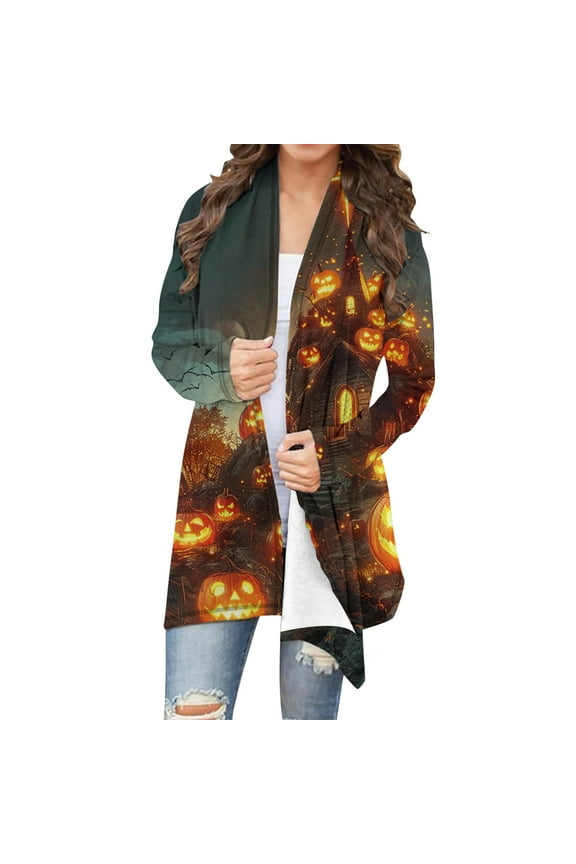 Halloween Cardigan Sweaters for Women Oversized Casual Long Sleeve Open Front Lightweight Long Cardigans Pumpkin Spooky Season Graphic Fall Outwear