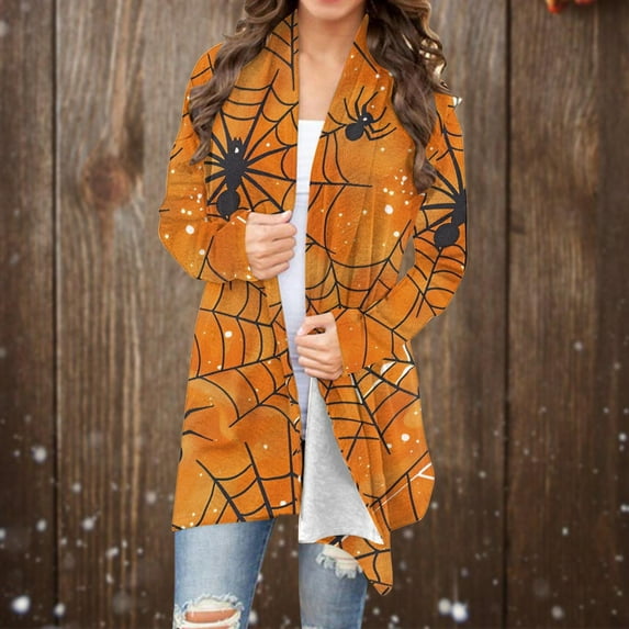 Kilaqueen Halloween Cardigan for Women Trendy Ghost Pumpkin Graphic Tunic Shirt Spooky Season Lightweight Cardigans Long Sleeve Medium Length Coat