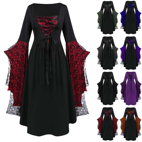 Kilaqueen Halloween Costumes Woman Vintage Gothic Dress Renaissance Fairy Costume Plus Size Bat Sleeve Corset Medieval Witch Dresses