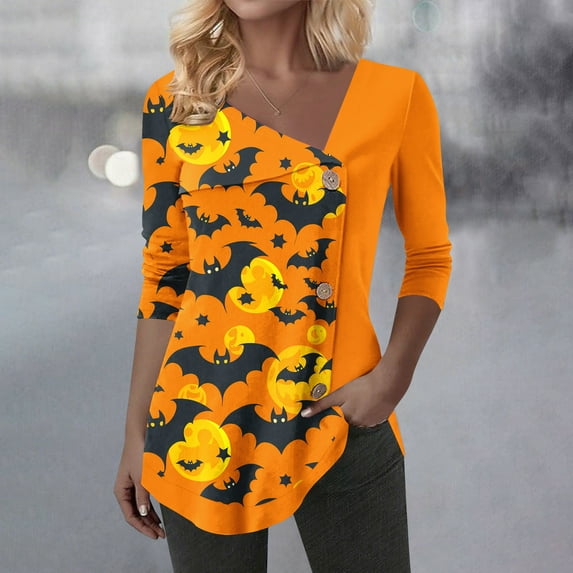 Kilaqueen Halloween Shirts for Women Dressy Casual Button Long Sleeve Tunic Tops with Leggings Baggy V Neck Ladies Blouse Spooky Pattern Halloween Costumes