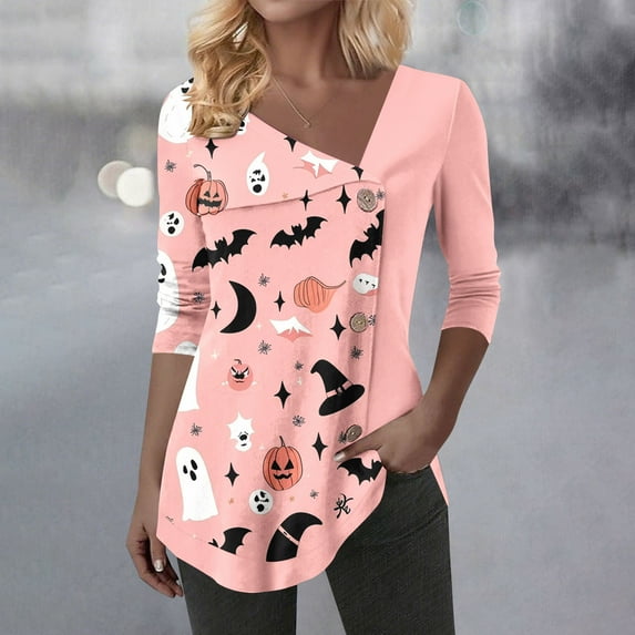 Kilaqueen Halloween Shirts for Women Dressy Casual Button Long Sleeve Tunic Tops with Leggings Baggy V Neck Ladies Blouse Spooky Pattern Halloween Costumes