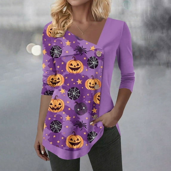 Kilaqueen Halloween Shirts for Women Dressy Casual Button Long Sleeve Tunic Tops with Leggings Baggy V Neck Ladies Blouse Spooky Pattern Halloween Costumes