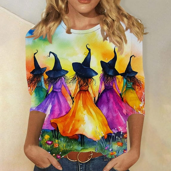 Kilaqueen Halloween Shirts for Women Funny Cute Graphic 3/4 Length Sleeve Tunic Tops Trendy Crewneck Witch Pumpkin Ghost Spooky Season Tops and Blouses Halloween Costume