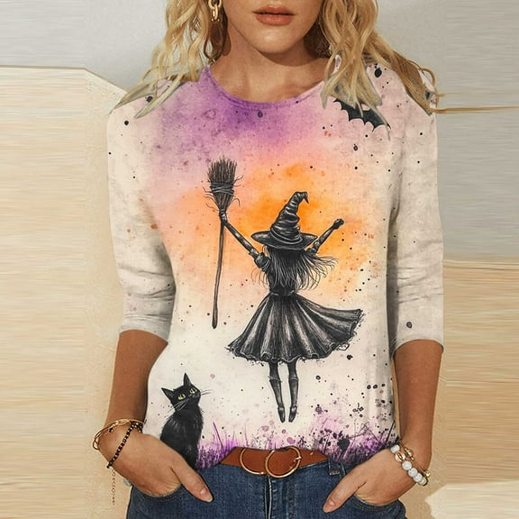 Kilaqueen Halloween Shirts for Women 3/4 Sleeve Crew Neck Funny Print Halloween Costumes Tunic Tops Vintage Festival Tops