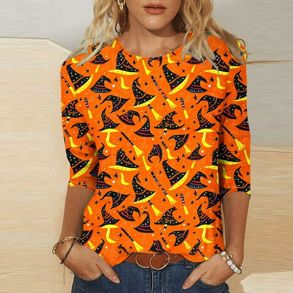 Kilaqueen Halloween Shirts for Women 3/4 Sleeve Crew Neck Funny Print Halloween Costumes Tunic Tops Vintage Festival Tops