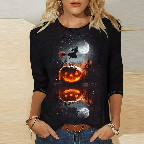 Kilaqueen Halloween Shirts for Women 3/4 Sleeve Crew Neck Funny Print Halloween Costumes Tunic Tops Vintage Festival Tops