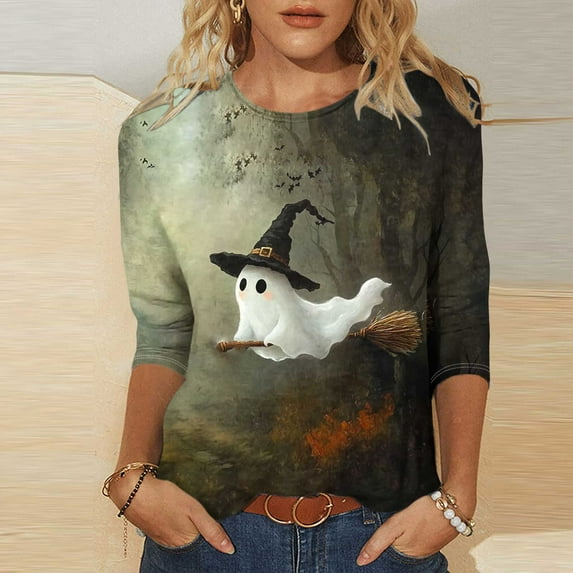 Kilaqueen Halloween Shirts for Women 3/4 Sleeve Crew Neck Funny Print Halloween Costumes Tunic Tops Vintage Festival Tops