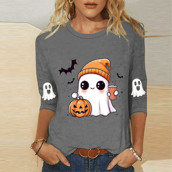 Kilaqueen Halloween Shirts for Women 3/4 Sleeve Round Neck Funny Holiday Ghost Graphic Tee Casual Spooky Season Fall Loose Fit Tunic Tops
