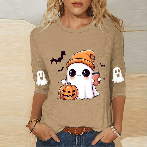 Kilaqueen Halloween Shirts for Women 3/4 Sleeve Round Neck Funny Holiday Ghost Graphic Tee Casual Spooky Season Fall Loose Fit Tunic Tops