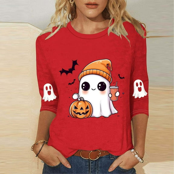 Kilaqueen Halloween Shirts for Women 3/4 Sleeve Round Neck Funny Holiday Ghost Graphic Tee Casual Spooky Season Fall Loose Fit Tunic Tops