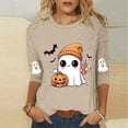thumbnail image 1 of Kilaqueen Halloween Shirts for Women 3/4 Sleeve Round Neck Funny Holiday Ghost Graphic Tee Casual Spooky Season Fall Loose Fit Tunic Tops, 1 of 3