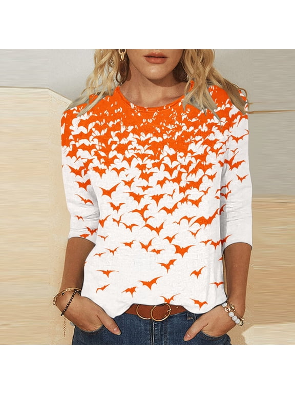 Halloween Shirts for Women Fall Spooky Funny Bat Graphic Tees 3/4 Sleeve Round Neck Loose Casual Holiday Tunic Tops