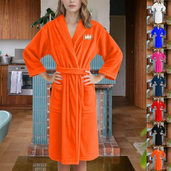 Kilaqueen Halloween Spooky Pattern Robes for Women Shawl Collar Soft Pocketed Nightgown with Belt Thick Warm Fleece Plus Size Loungewear