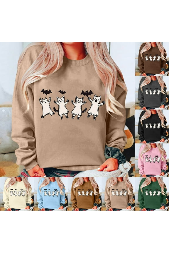 Halloween Spooky Season Sweatshirt Women, Cute Cat Ghost Sweatshirts Fall Holiday Hocus Pocus Pullover Tops Long Sleeve Halloween Sweatshirt