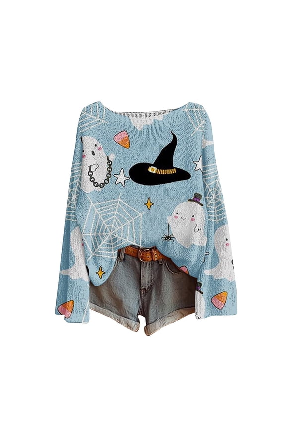 Halloween Sweaters for Women Boho Vintage Spooky Season Ghost Graphic Print Sweatshirt Long Sleeve Crew Neck Knit Pullover Tops